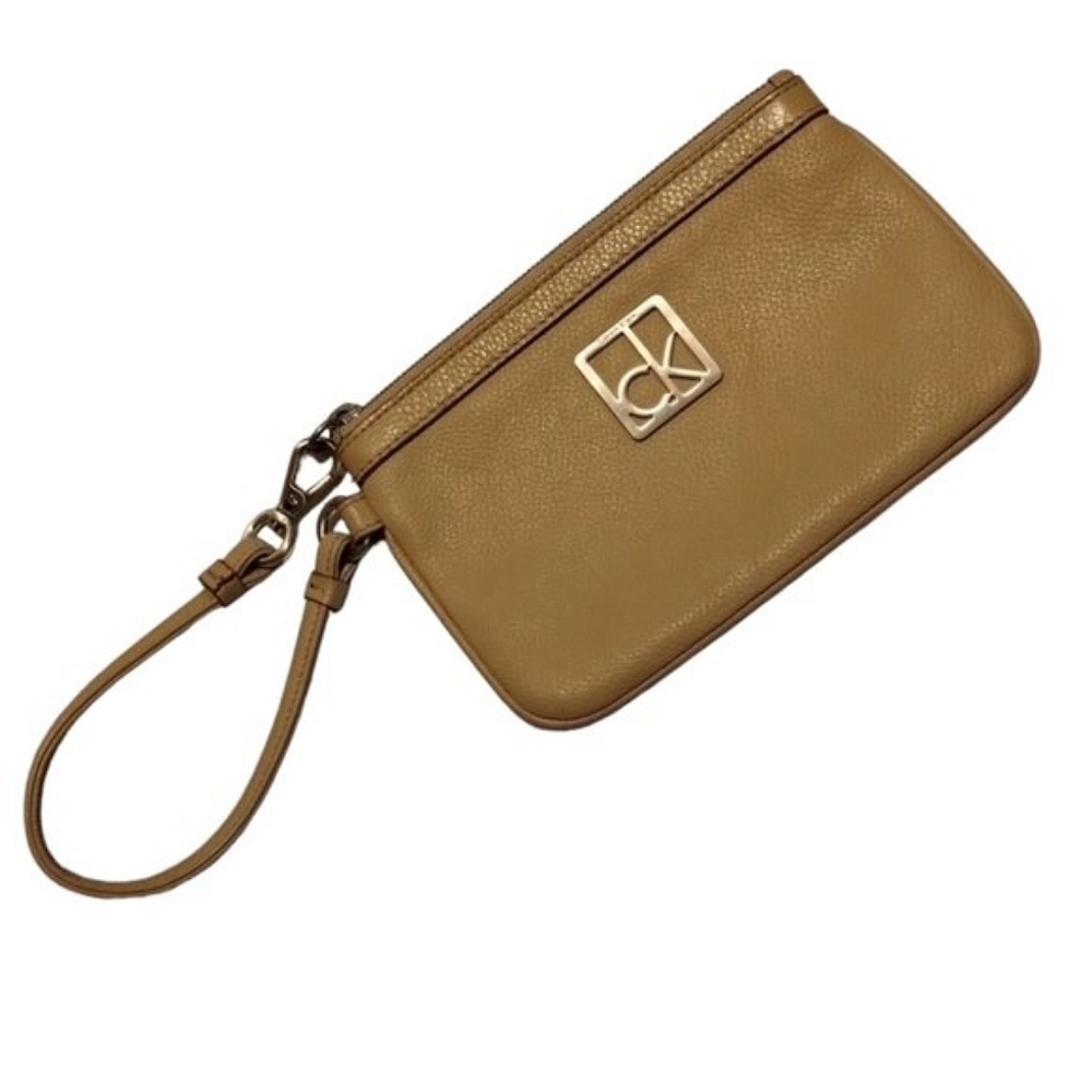 Calvin Klein Pebbled Leather Wristlet Pouch Clutch Wallet Metal CK Logo Tan